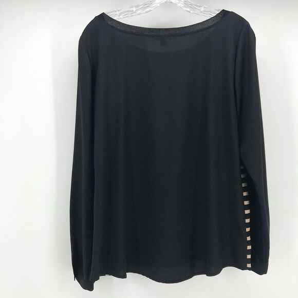 Ann Taylor Top Womens Small Black Tan Stripe Long Sleeve Button Cuff Round Neck - Picture 3 of 9